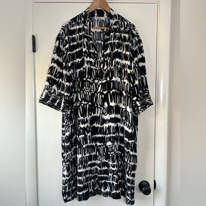 Natori Oversized Caftan Shift Dress Black White Geometric Brushstrokes Size XL